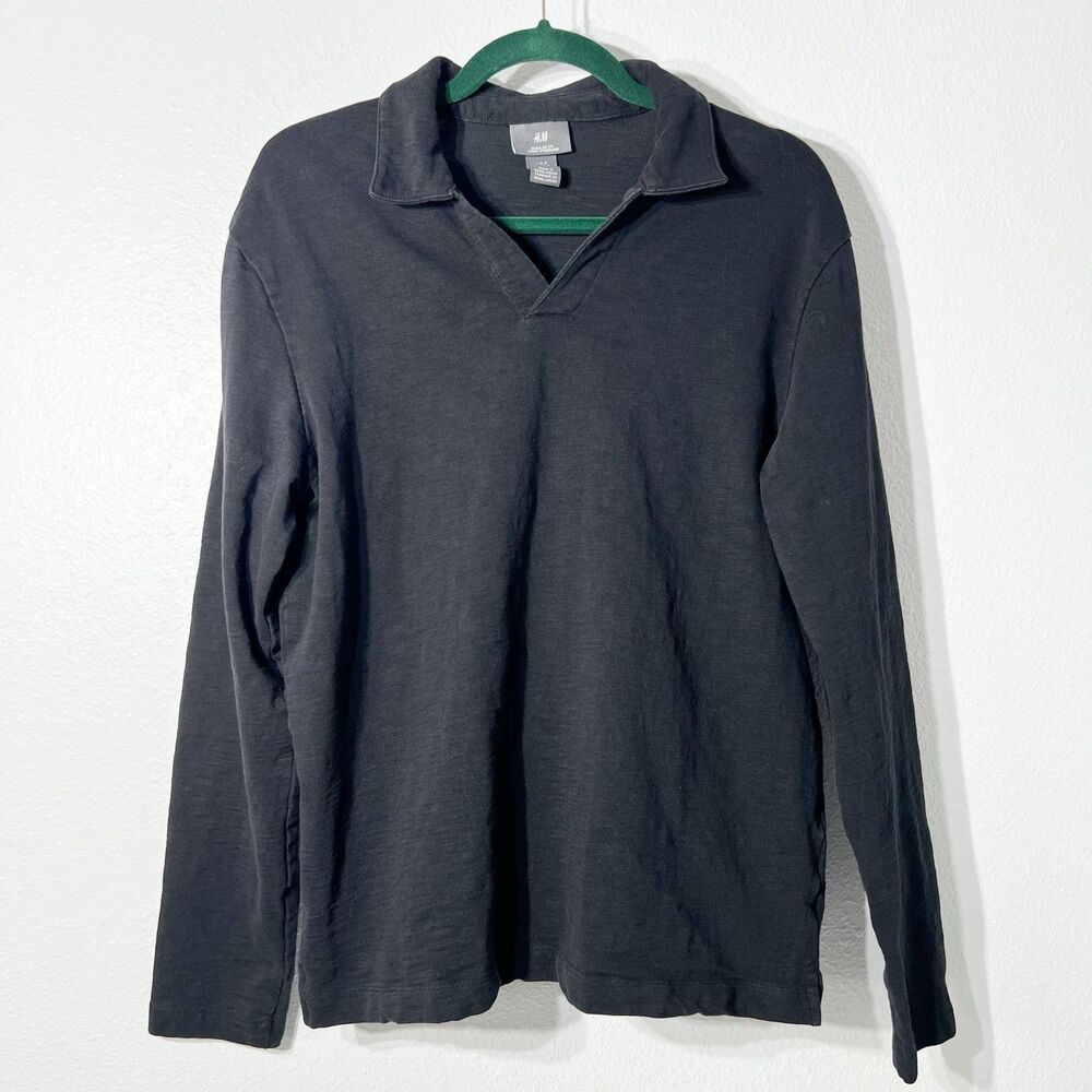 H&M Sweater Mens M Black Standard Fit Pullover Collared Stretchy Cotton Casual
